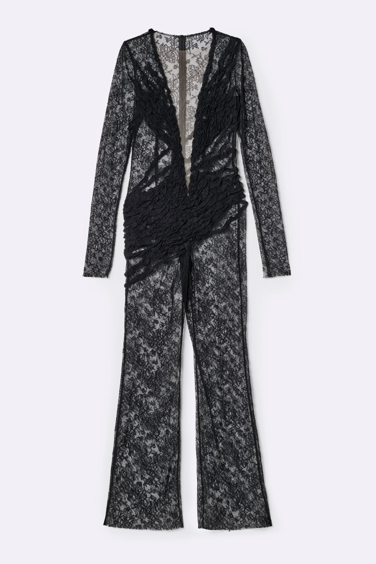 Lace jumpsuit with a deep V-neckline and appliqués