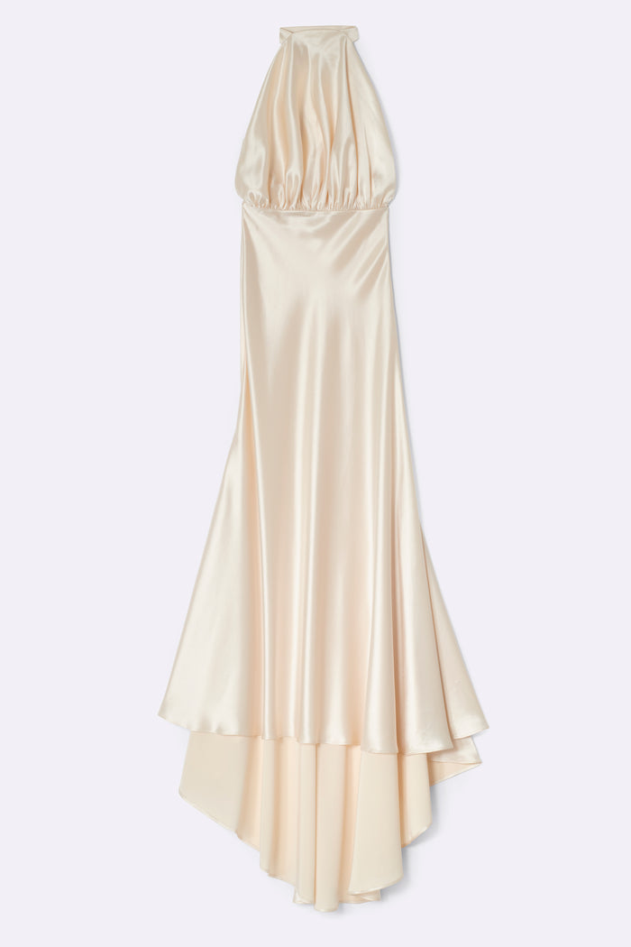 Long halterneck satin dress with draped neckline