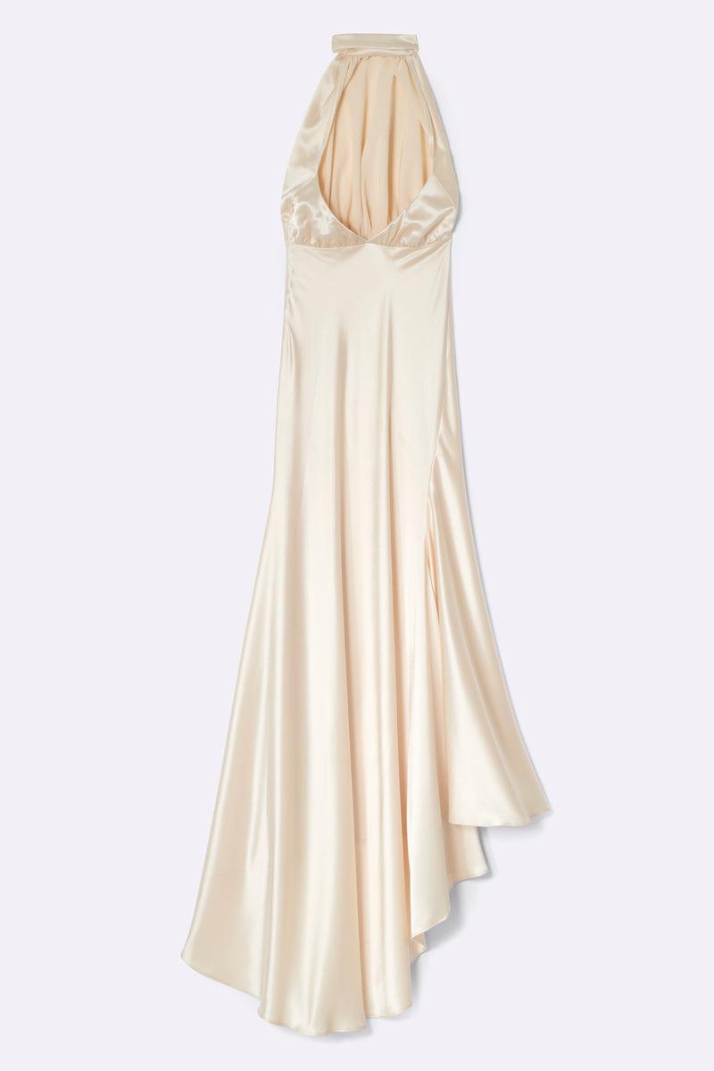 Long halterneck satin dress with draped neckline