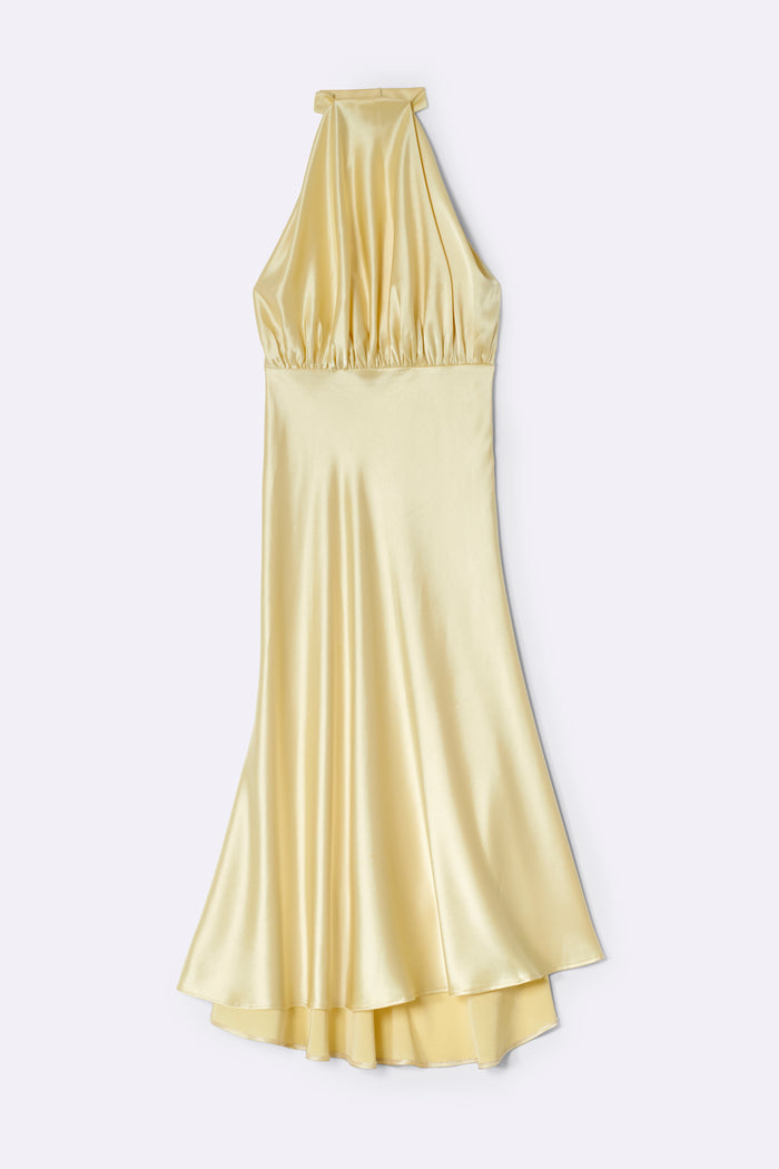 Satin halterneck dress with draped neckline