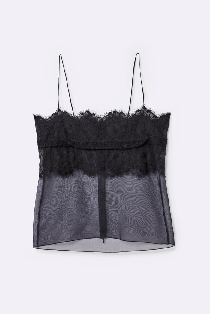 Short strappy top with square neck in silk organza