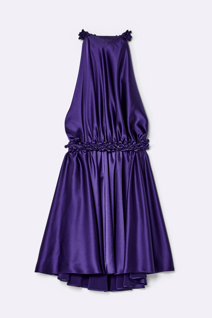 Satin halterneck dress with draped neckline and pearl appliqués