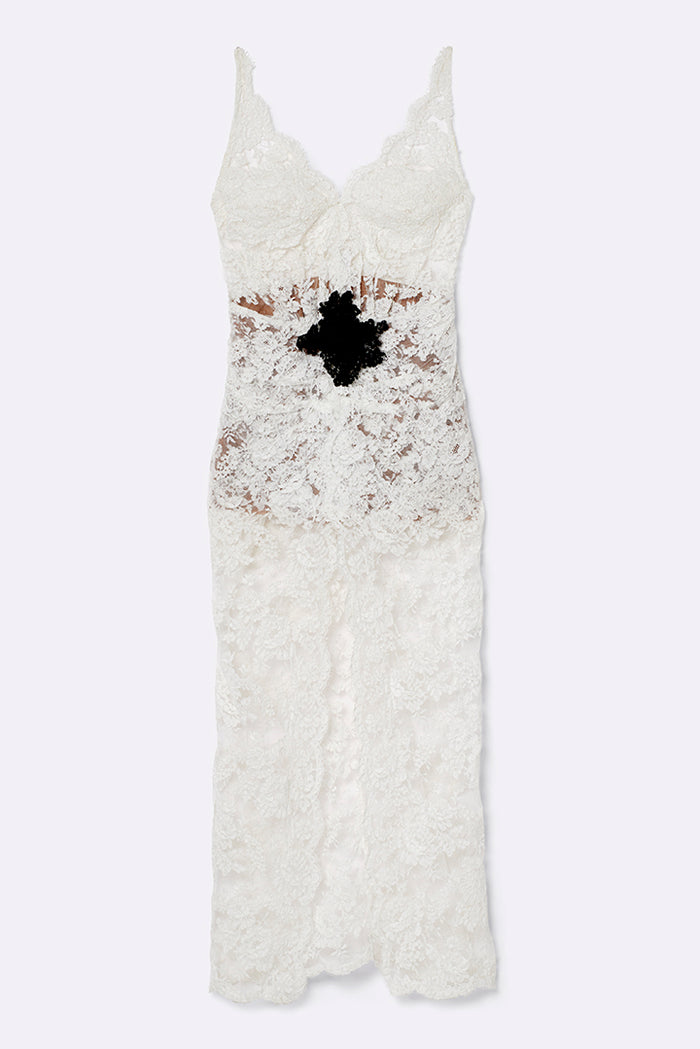 Lace dress with slit and appliqués