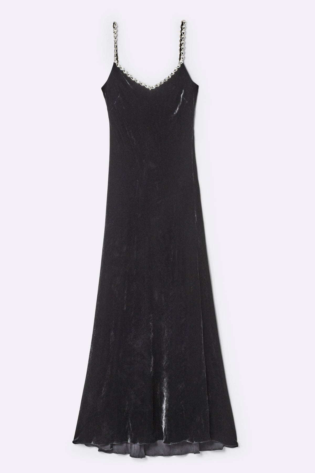 Long velvet slip dress with gemstone details