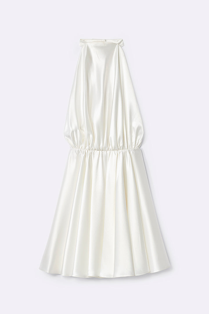 Satin halterneck dress with draped neckline