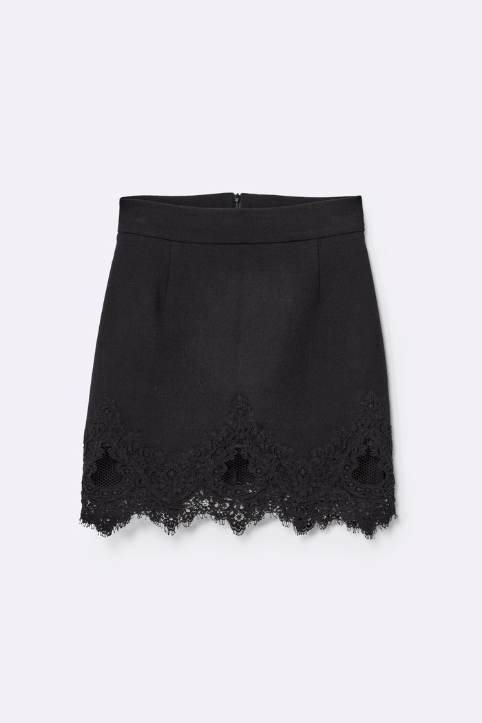 Highwaist mini skirt in wool crepe with lace trim