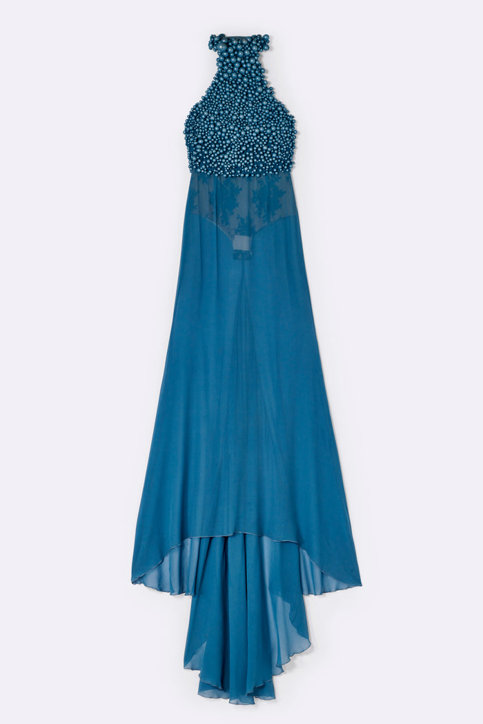 Halter-neck dress with an appliquéd beaded bodice