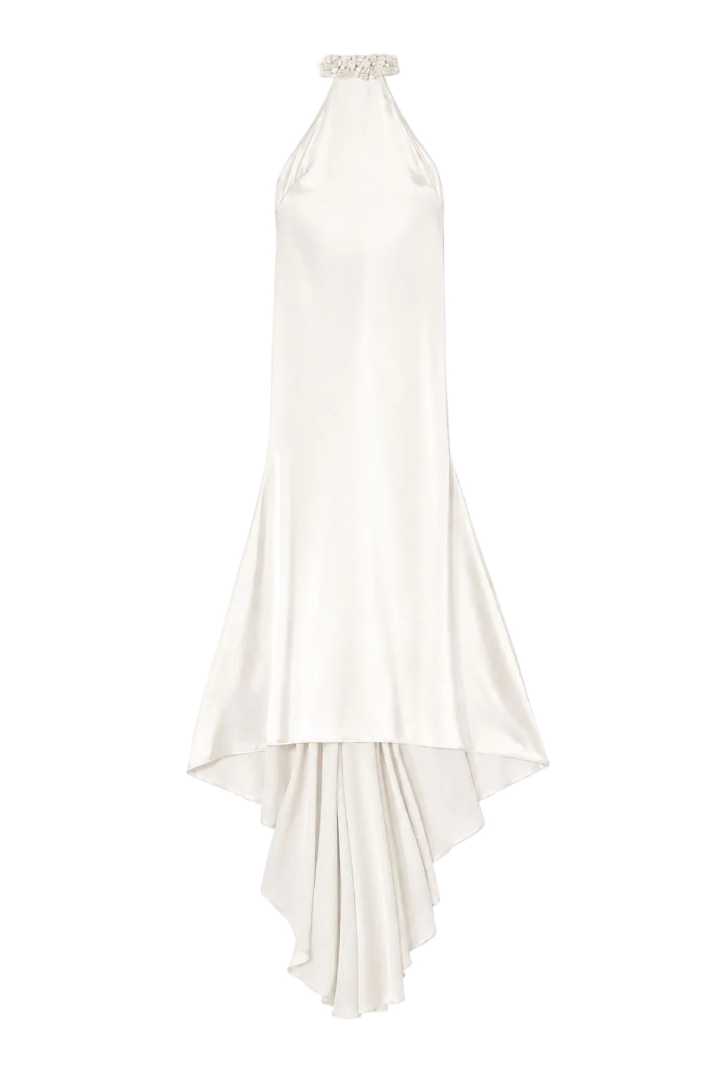 Langes Neckholder-Kleid aus Satin mit aufwendigen Perlenapplikationen
