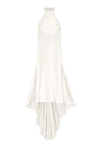 Langes Neckholder-Kleid aus Satin mit aufwendigen Perlenapplikationen